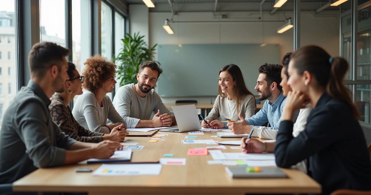 Equipo diverso reunido en una mesa de trabajo