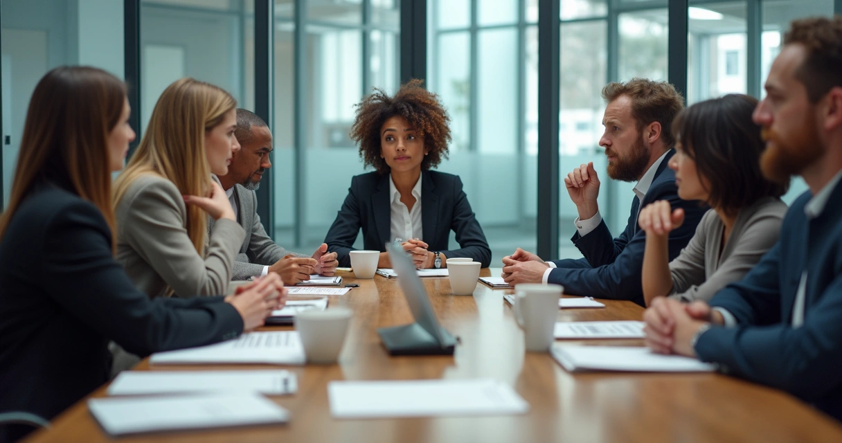 Equipo diverso en reunión escuchando atentamente a un compañero 