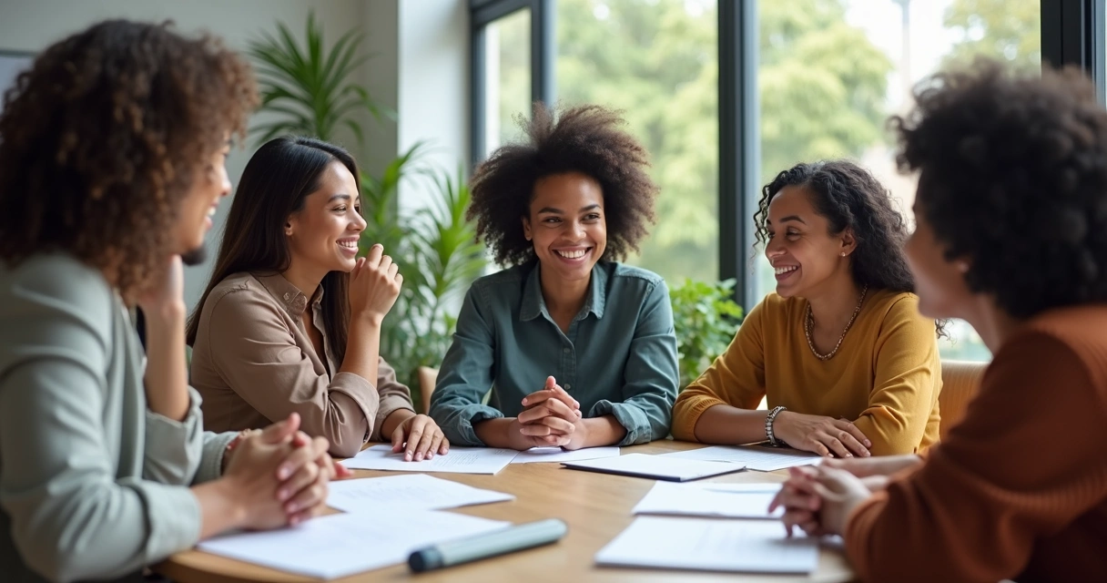 Equipo de trabajo diverso reunido en torno a una mesa redonda compartiendo ideas 