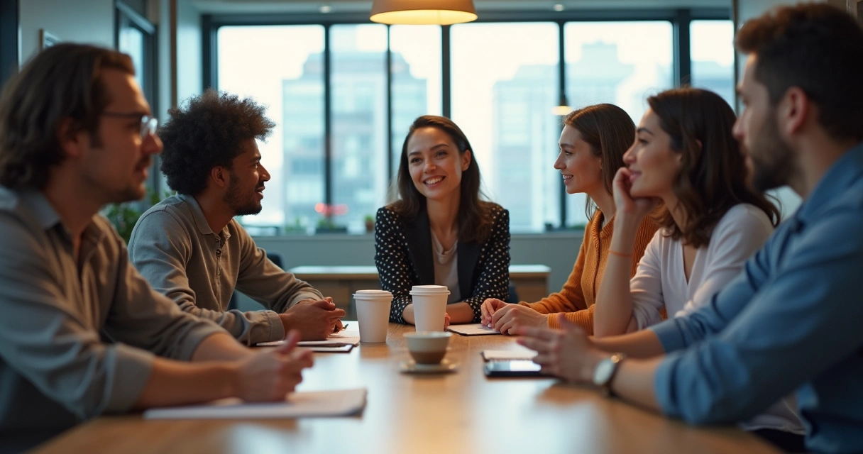 Equipo de trabajo en reunión compartiendo emociones 