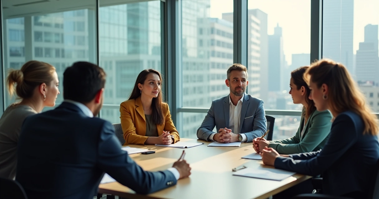 Equipo de trabajo en reunión, compartiendo opiniones alrededor de una mesa 