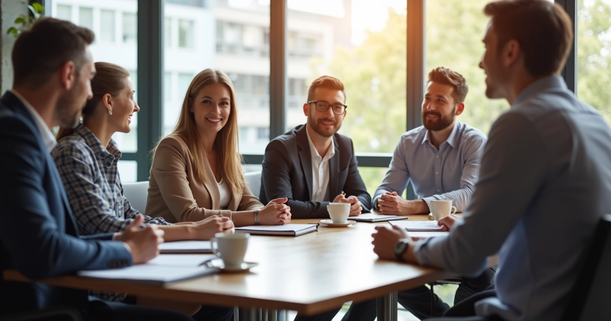 Equipo en reunión con escucha activa y ambiente de confianza