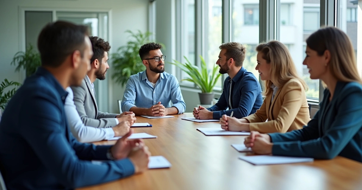 Equipo reunido escuchando y tomando notas en una mesa de trabajo