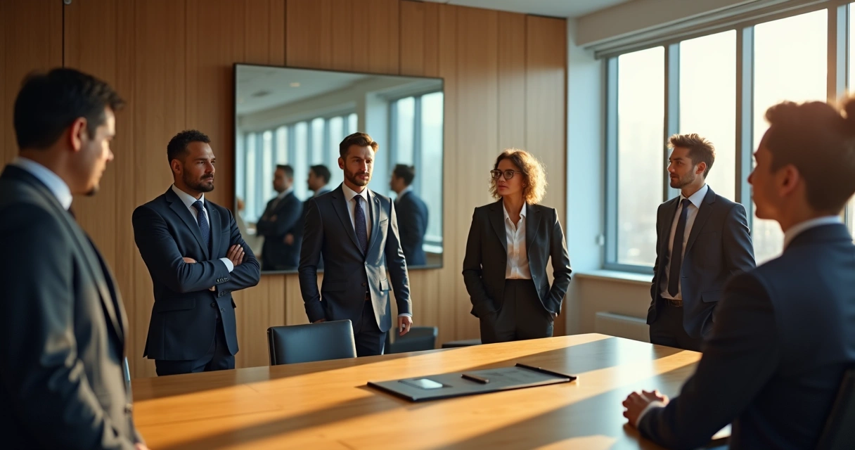 Equipo en reunión reflexionando frente a un gran espejo 
