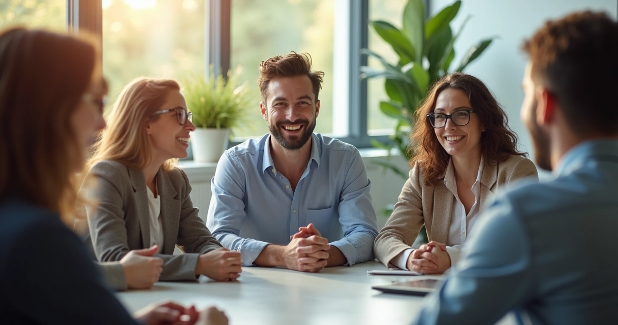 Equipo diverso en reunión sonriente y relajada