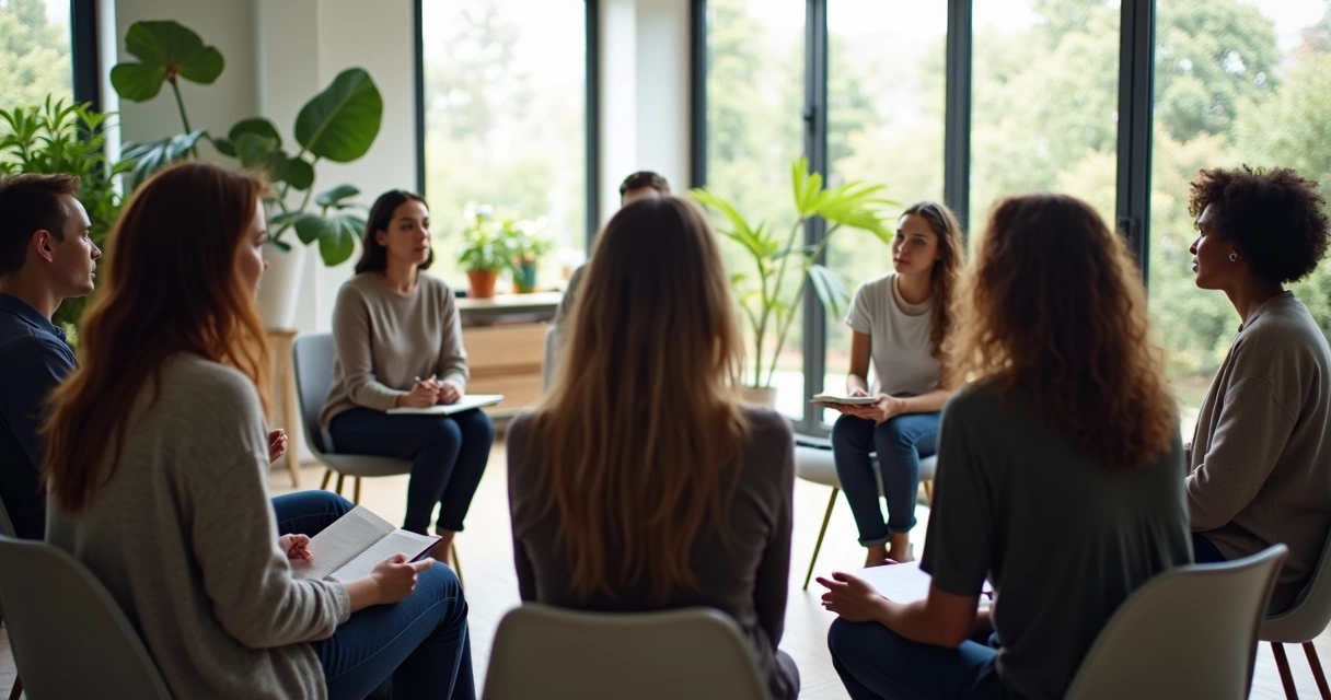 Personas en una sala moderna, sentadas en círculo, participando de un ejercicio grupal de reflexión.