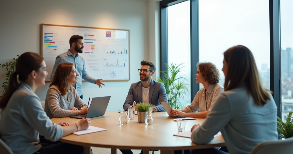 Equipo diverso en reunión de trabajo practicando hábitos conscientes alrededor de una mesa redonda 