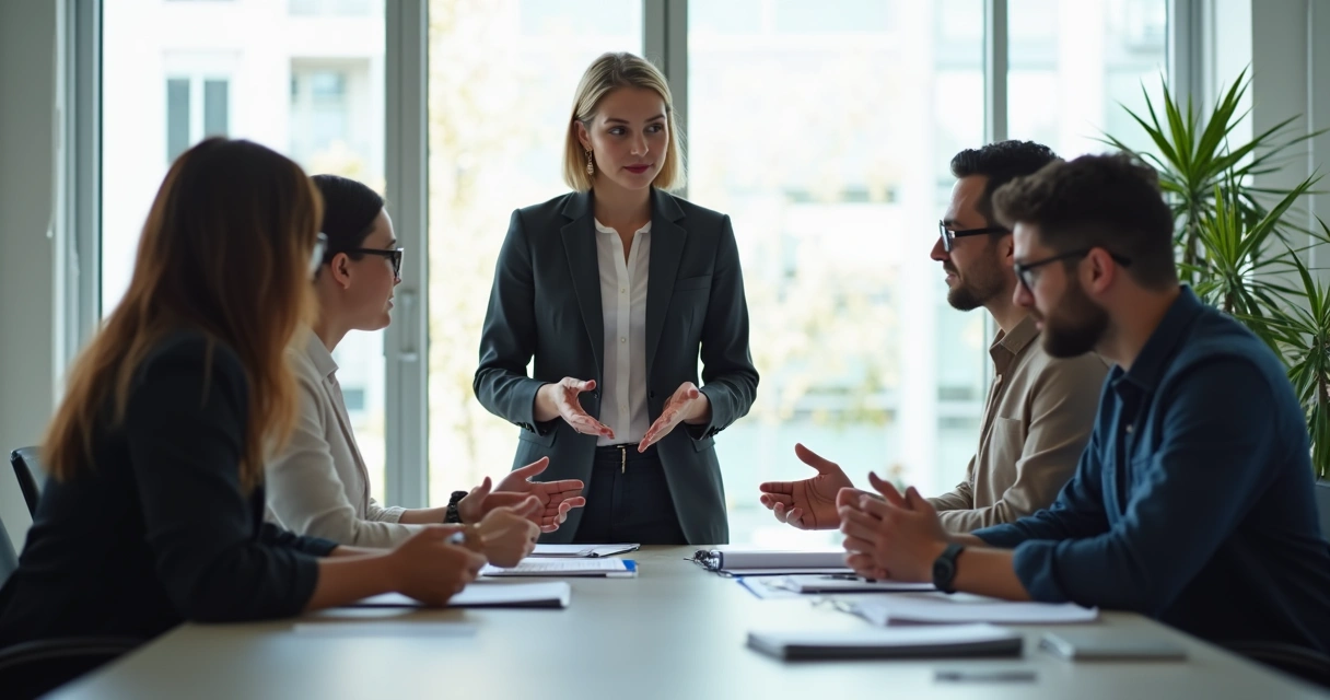 Reunión de equipo con liderazgo ético reflexionando juntos. 