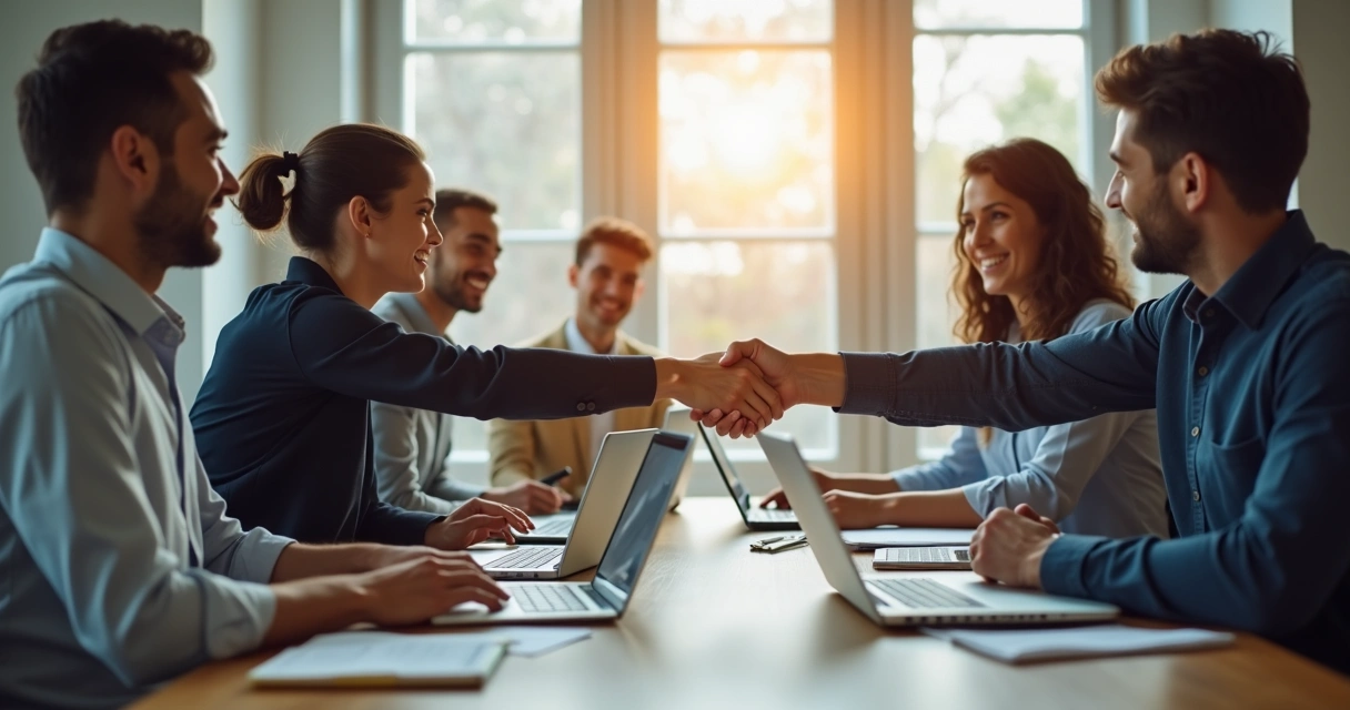 Manos de varios integrantes de un equipo unidas en el centro de una mesa de juntas 