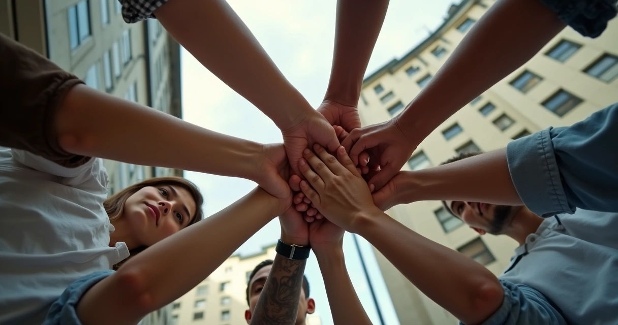 Equipo de trabajo en círculo uniendo sus manos