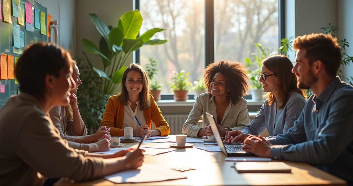 Grupo de personas trabajando en una oficina, conversando y apuntando ideas 