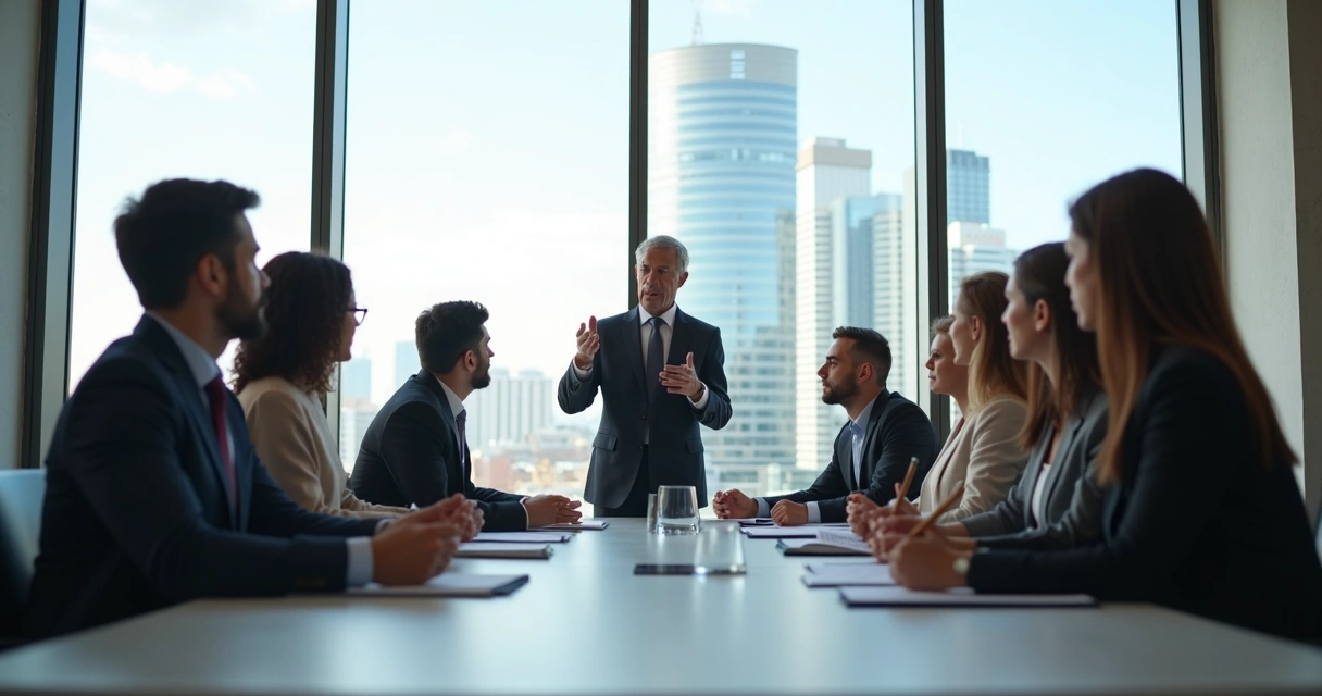 Un grupo de personas en una sala de reuniones, escuchando a una persona que habla de pie con atención 