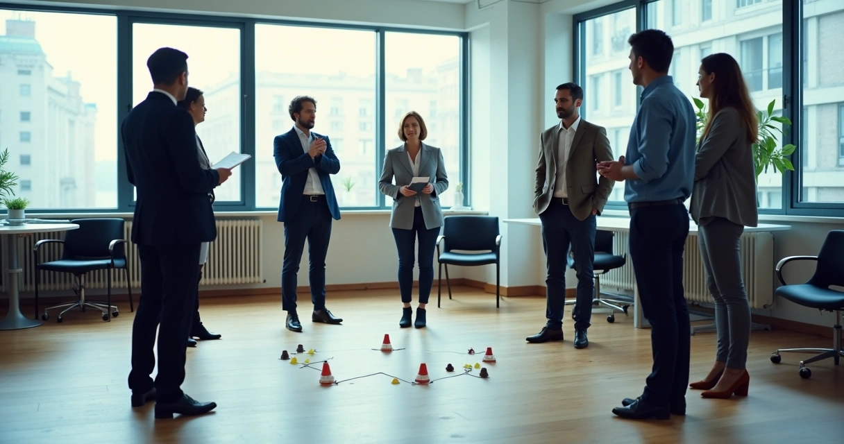 Equipo reunido en oficina observando una dinámica grupal 