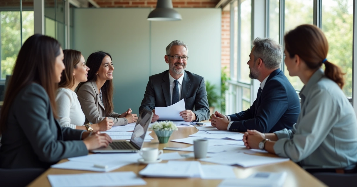 Equipo de oficina en reunión alrededor de una mesa 