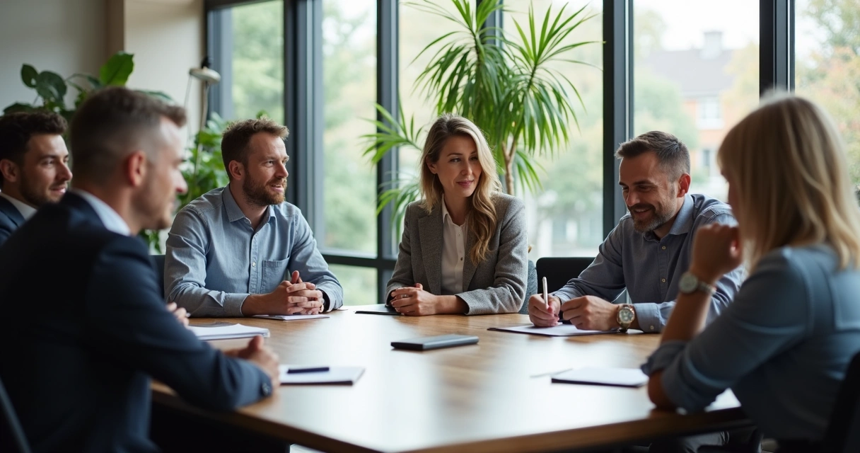 Personas en una sala de reuniones reflexionando antes de tomar una decisión 