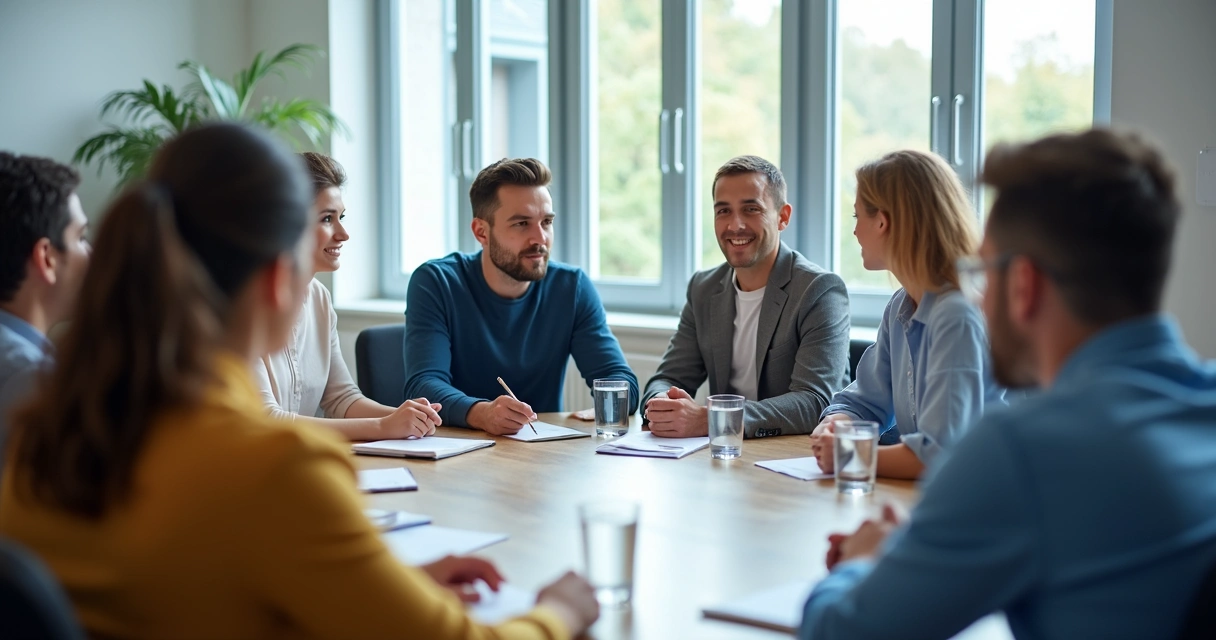 Equipo reunido conversando con atención en una sala de trabajo