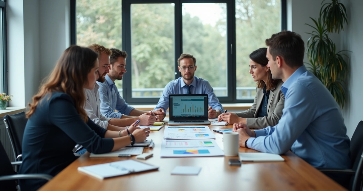 Equipo reunido revisando indicadores en una sala de trabajo