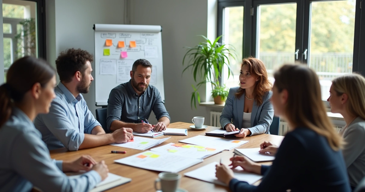 Equipo reunido revisando ideas en una mesa de trabajo 
