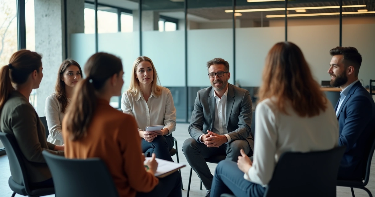 Equipo de trabajo reunido en círculo dialogando en oficina moderna. 
