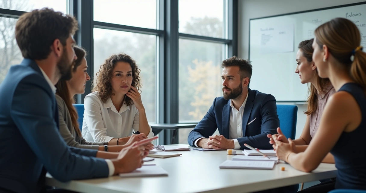 Equipo de trabajo reunido en oficina practicando escucha activa