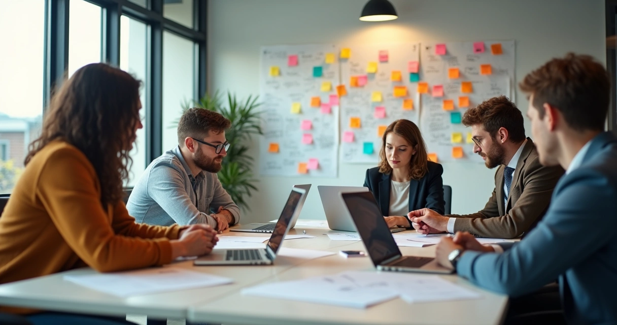 Equipo de trabajo reunido en una sala con notas adhesivas en la pared 