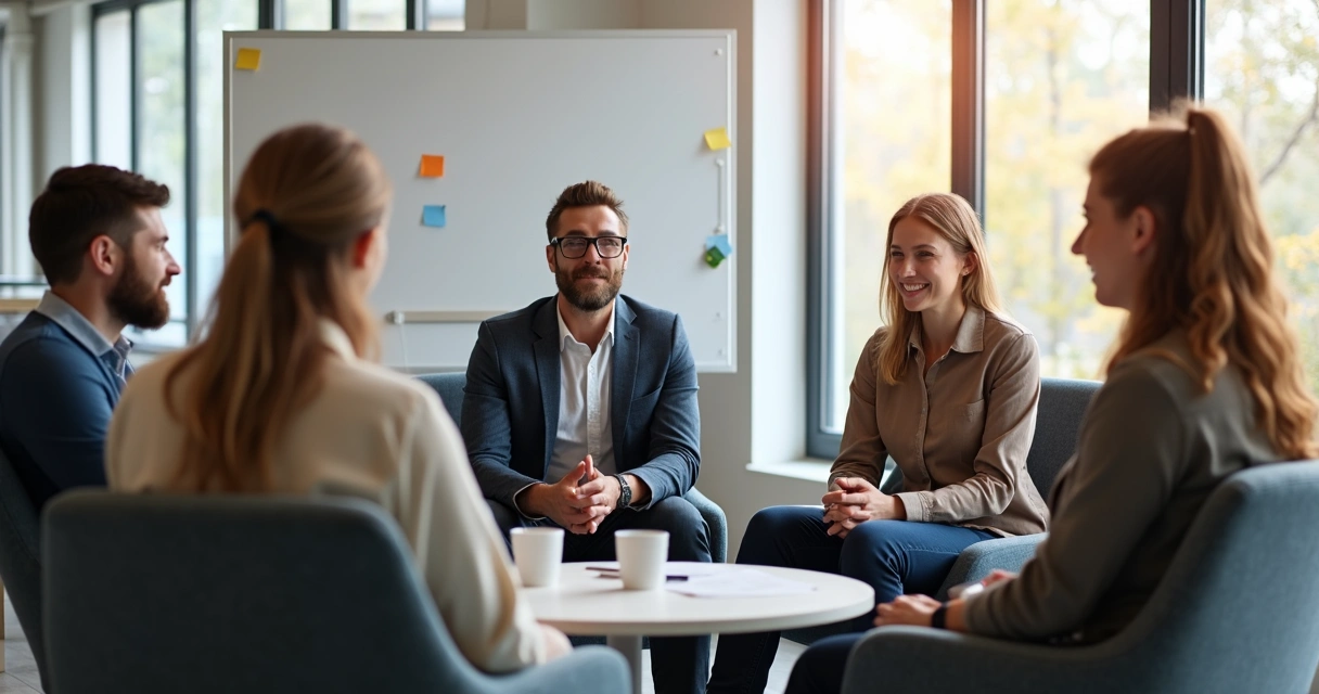 Equipo de trabajo reunido en círculo realizando una breve dinámica de reconocimiento 