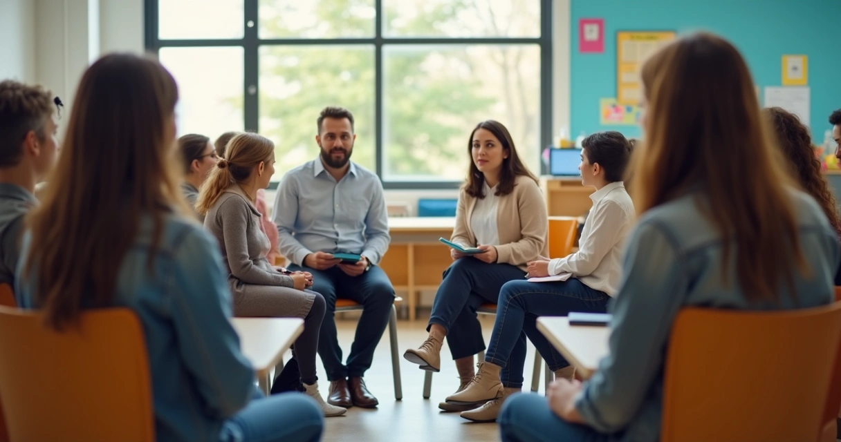 Grupo escolar en círculo durante una dinámica guiada 