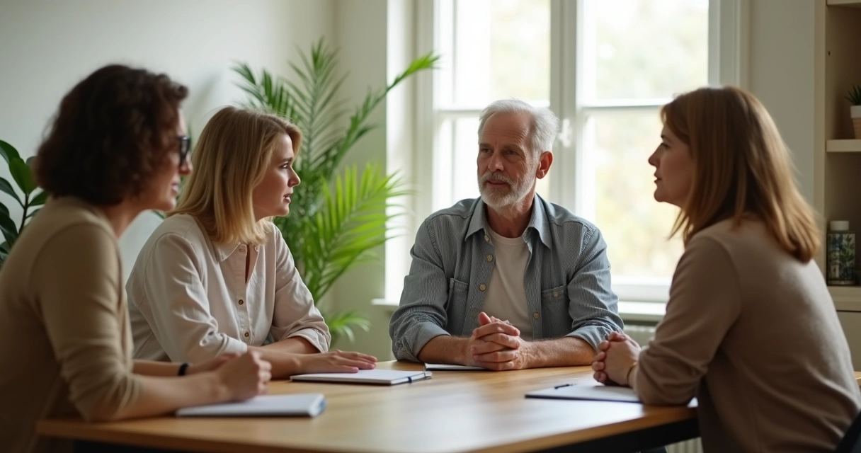 Personas en reunión practicando escucha activa y diálogo sereno