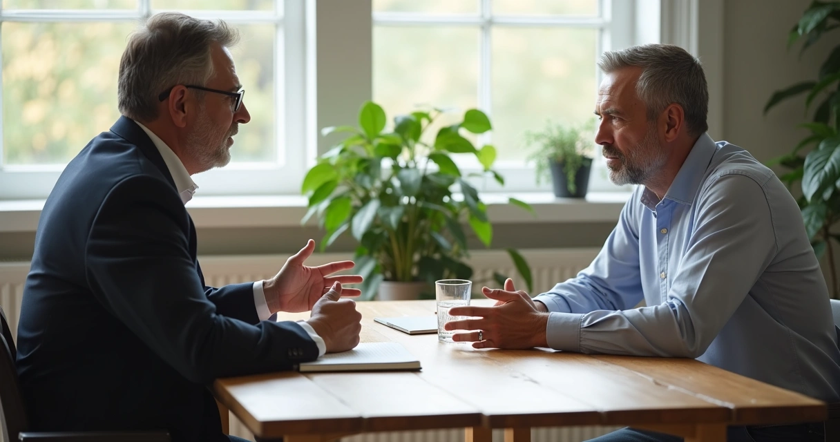 Dos personas conversando con escucha activa en una mesa 