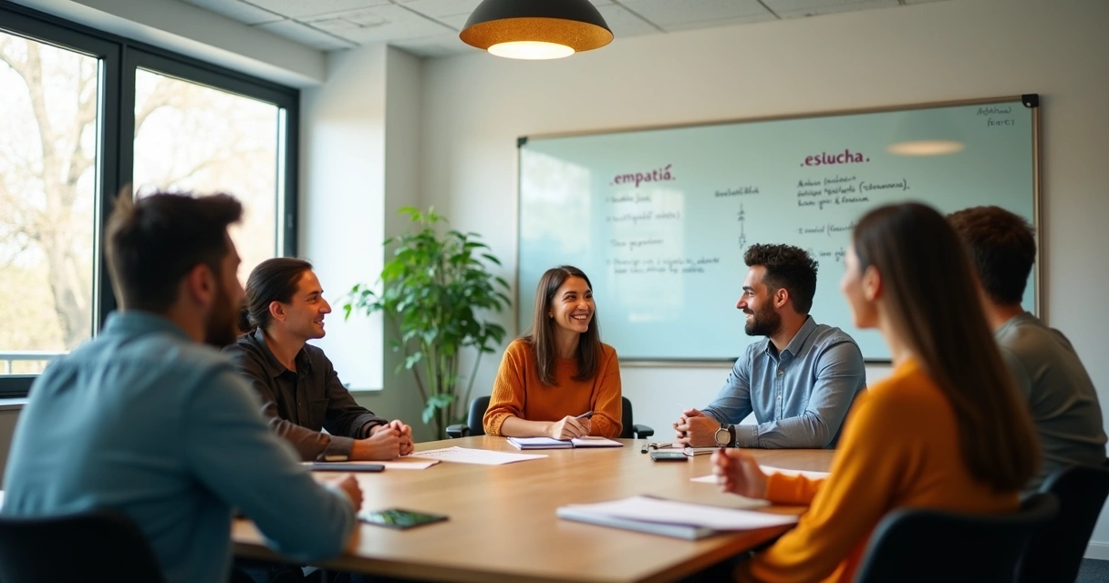 Equipo reunido practicando escucha activa y empatía 