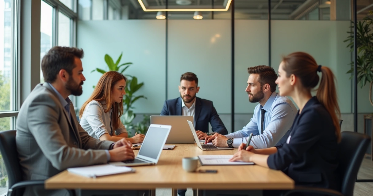 Equipo reunido escuchando con atención en una oficina moderna 