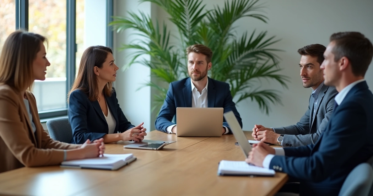 Equipo en reunión con escucha activa y diálogo profesional