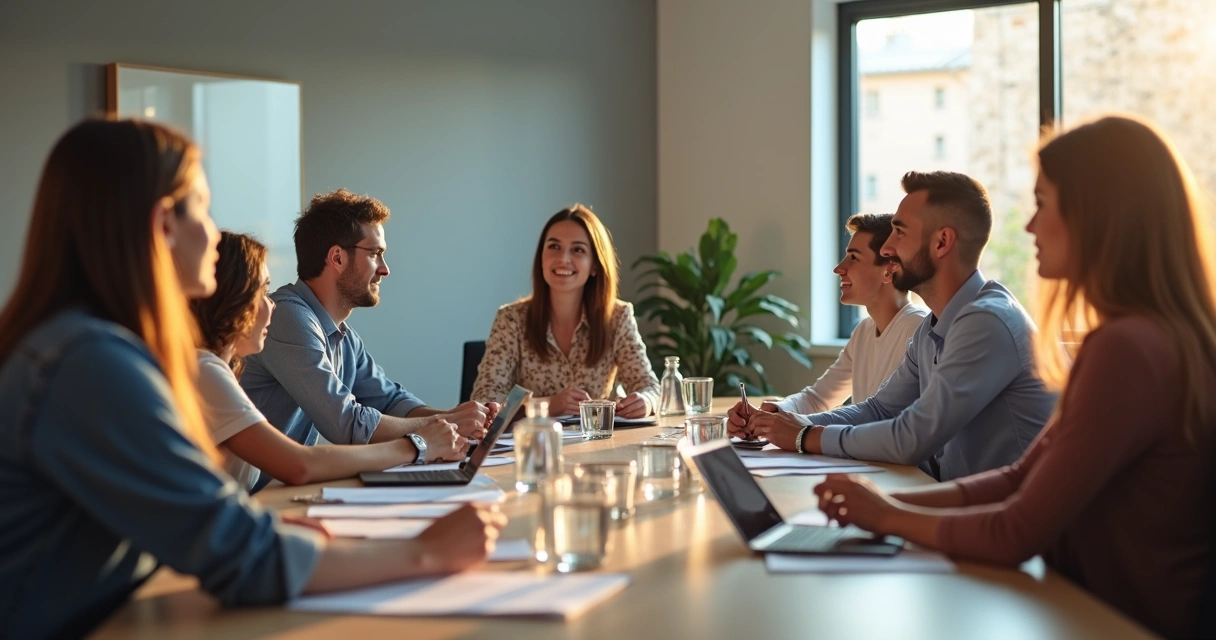 Personas sentadas alrededor de una mesa en una reunión, todos atentos a quien habla.