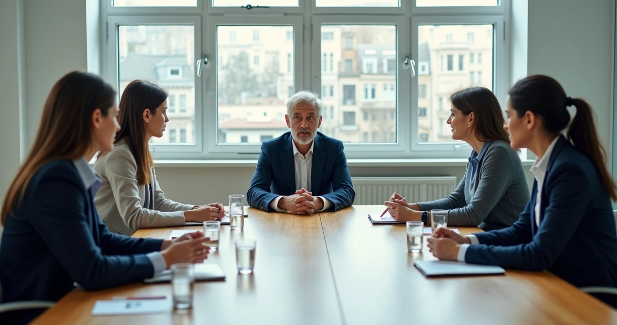 Equipo en reunión con escucha activa y ambiente sereno