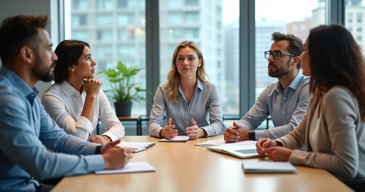 Equipo en una reunión practicando la escucha activa en la oficina 