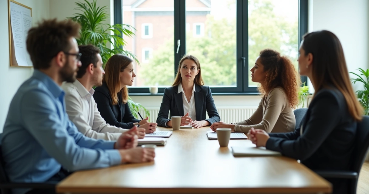 Reunión de equipo con escucha activa en una mesa de trabajo 
