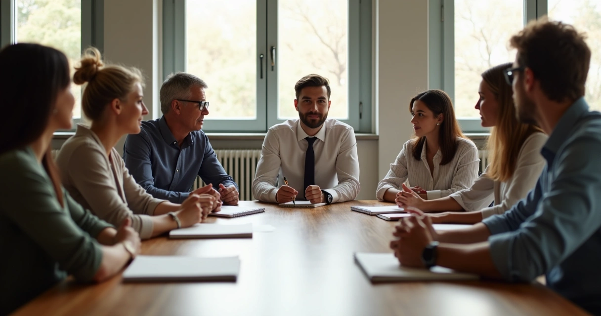 Reunión de equipo con escucha activa y ambiente sereno