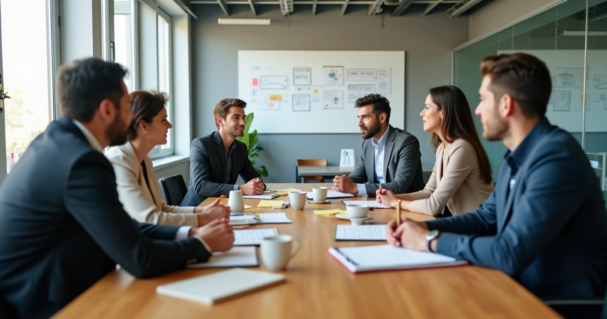 Equipo reunido escuchando ideas en una mesa de trabajo