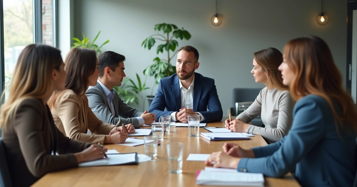 Equipo en reunión escuchando con atención alrededor de una mesa