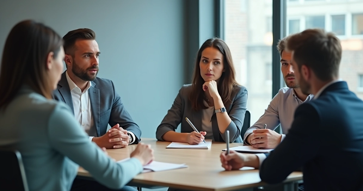 Personas en reunión observando gestos y tomando notas