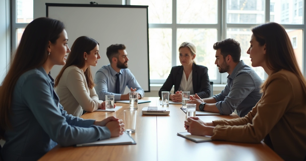 Equipo reunido en una mesa escuchando con atención 