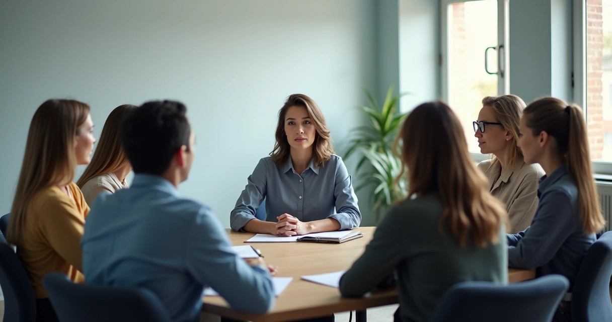 Reunión de equipo en círculo con escucha activa y notas sobre la mesa 
