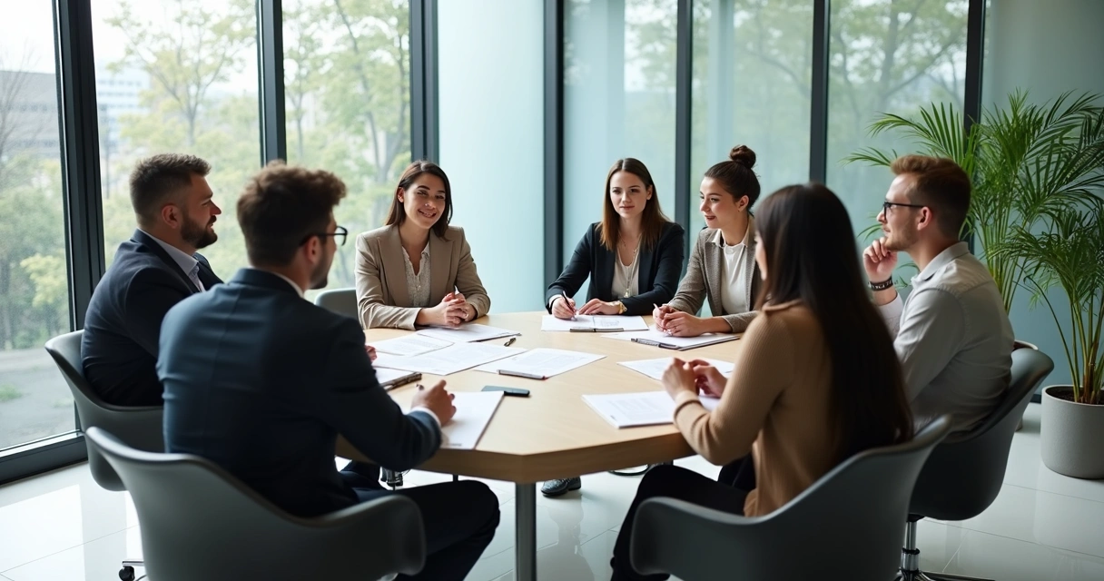 Equipo en reunión abierta con escucha activa y notas compartidas 
