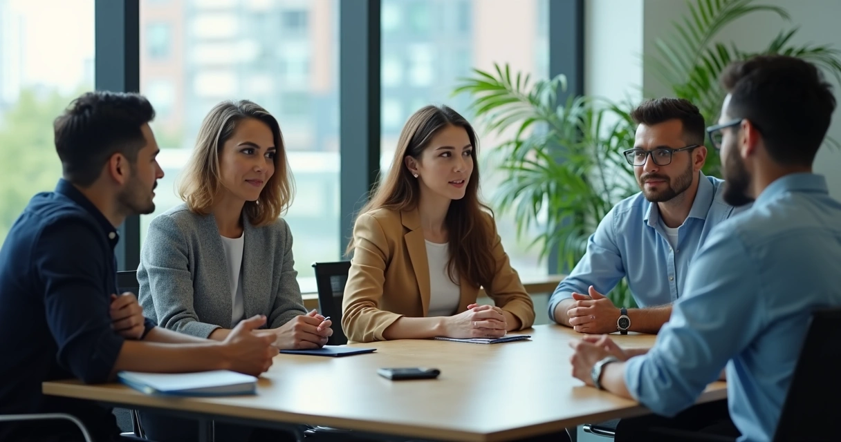 Equipo en reunión con escucha activa y expresiones atentas