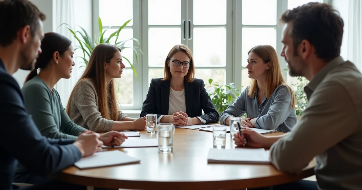 Personas en reunión escuchando con atención en una mesa redonda 