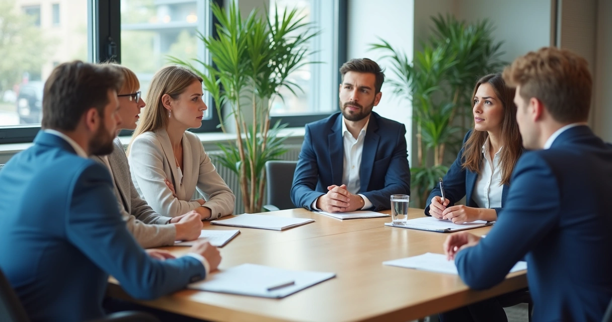 Equipo en reunión con escucha atenta y ambiente laboral sereno