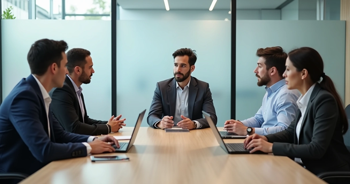 Equipo en reunión con escucha atenta y tensión moderada