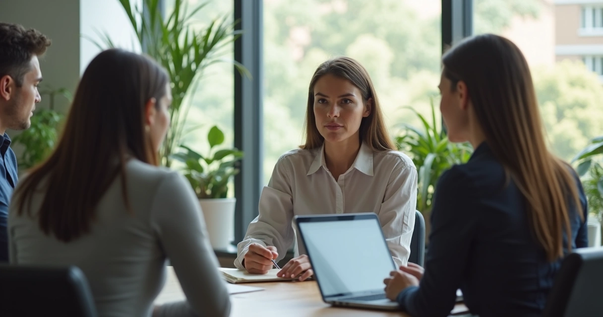 Líder tomando notas mientras escucha a su equipo en una reunión