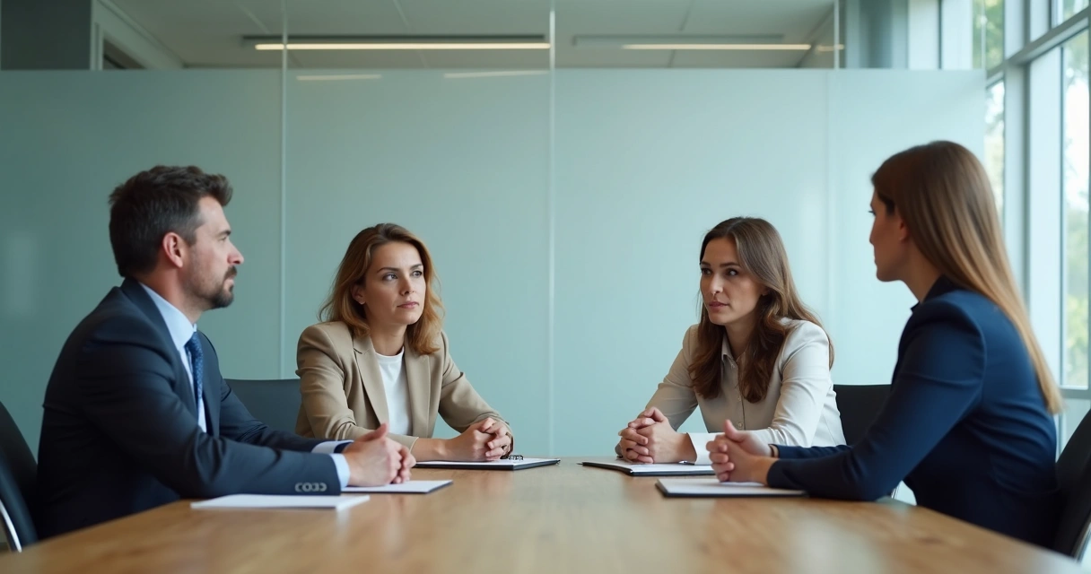 Reunión de trabajo con escucha atenta y lenguaje corporal reservado