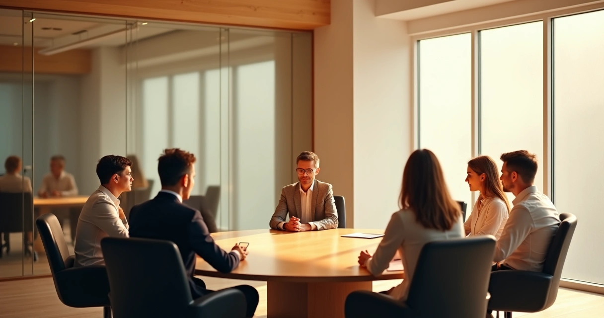 Mesa redonda en sala de reuniones con personas reflejadas en un gran espejo analizando sus propios roles. 